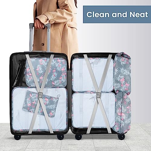 Sarsumir Organisateur Valise, 8 Pièces Pochette Rangement Valise Packing Cubes Organisateur de Voyage avec Sacs à Vêtements Imperméables Chaussures de Toilette, Flamant Bleu – Image 6
