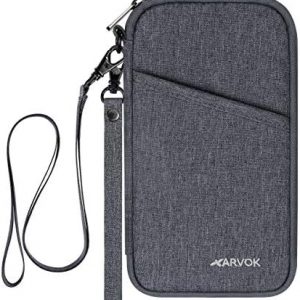 Arvok Organisateur de Voyage Portefeuille Passeport Sécurisée avec Anti-vol RFID Blocking, Dragonne & Dragonne Amovibles pour Femme, Homme, Téléphone, Billet d'avion, Cartes de Crédit
