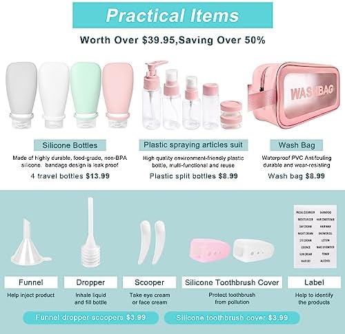 18 Pièces de Flacon Voyage, des Kit Voyage Produit Toilette Approuvés pour l'Aviation, Adaptés pour Le Shampooing, la Lotion, Le Revitalisant, Le Gel Douche, avec Trousse de Toilette Femme – Image 2