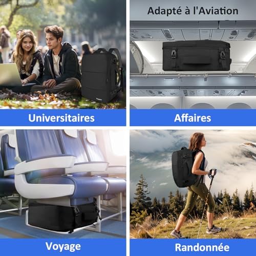 Taygeer Sac a Dos Voyage Cabine Avion, Bagage à Main 45x36x20 Easyjet, Sac à Dos pour Ordinateur Portable 15.6 pouces USB Charging Port, Sac a Dos Voyage Femme Homme Collège Affaire Scolaire, Noir – Image 7