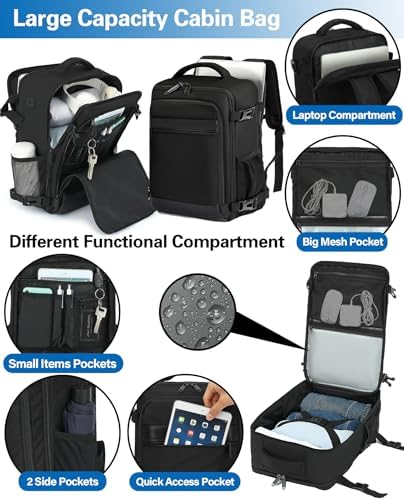 KLOSTAIN Bagage Cabine 40x20x25 pour Ryanair Sac à Dos Voyage Cabine Avion 20 L Femme Homme sous Siège Bagage à Main Petit Sac à Dos pour Ordinateur Portable 14 Pouces Noir – Image 4