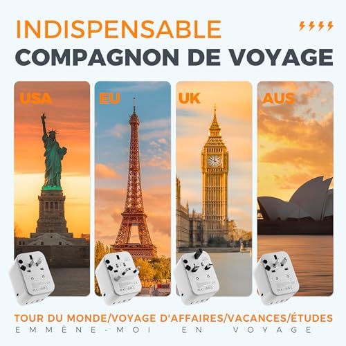 TESSAN Adaptateur Prise Universelle, Adaptateur Universel de Voyage avec 2 USB et 3 Type C, International Voyage Accessoires France vers USA Anglaise Thailande Australie Chine Japon – Image 3