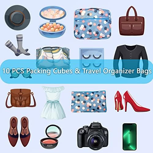 Sciphylia Organisateur Valise Lot de 10 Organisateur de Voyage de Rangement Imperméables Pochettes de Rangement pour Vêtements Chaussures Sous-vêtements Cosmétiques Sacs pour Femmes Hommes Fleur Bleue – Image 6