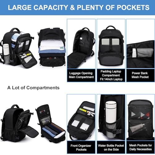 EZUOLA Baggage Cabine 40x20x25 pour Ryanair Sac à Dos Voyage Cabine Avion 20L Bagage à Main Sac à Dos Ordinateur Portable 14 Pouces avec USB Charging Port Homme Femme Sous Siège Bagages,Noir – Image 4