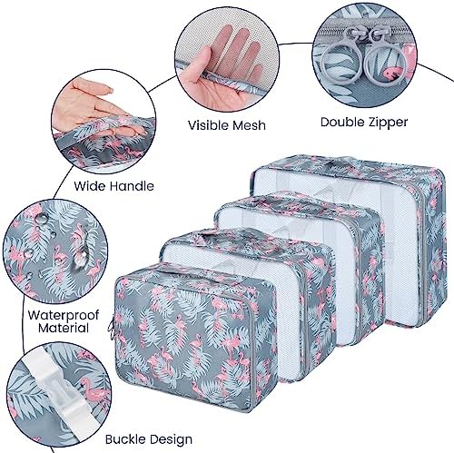 Sarsumir Organisateur Valise, 8 Pièces Pochette Rangement Valise Packing Cubes Organisateur de Voyage avec Sacs à Vêtements Imperméables Chaussures de Toilette, Flamant Bleu – Image 2