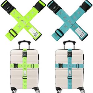 AOKITO Sangle Valise, Sangles à Bagage, Sangle Valise Voyage 4 Pièces avec Serrure à Combinaison,Réglable pour Valises de 20 à 34 Pouces (Lac Bleu et Vert Vif)