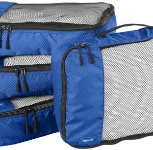 Amazon Basics Cubes d'emballage pour Valise, Organisateurs de Voyage, Fermeture Éclair, Lot de 4, Moyennes, Bleu