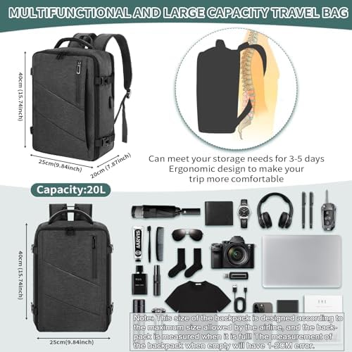 Sac a Dos Bagage Cabine 40x20x25 pour Ryanair, Sac a Dos Voyage Sac à Dos Ordinateur Portable Femme Homme Sacs à Dos Loisir avec Port USB, Gris – Image 4