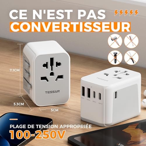 TESSAN Adaptateur Prise Universelle, Adaptateur Universel de Voyage avec 2 USB et 3 Type C, International Voyage Accessoires France vers USA Anglaise Thailande Australie Chine Japon – Image 4