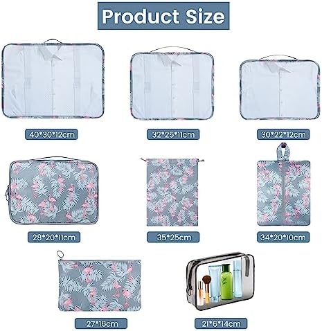 Sarsumir Organisateur Valise, 8 Pièces Pochette Rangement Valise Packing Cubes Organisateur de Voyage avec Sacs à Vêtements Imperméables Chaussures de Toilette, Flamant Bleu – Image 5