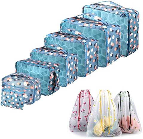 Sciphylia Organisateur Valise Lot de 10 Organisateur de Voyage de Rangement Imperméables Pochettes de Rangement pour Vêtements Chaussures Sous-vêtements Cosmétiques Sacs pour Femmes Hommes Fleur Bleue
