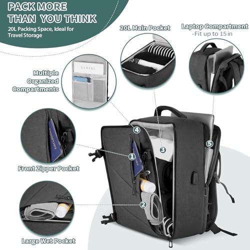 Sac a Dos Bagage Cabine 40x20x25 pour Ryanair, Sac a Dos Voyage Sac à Dos Ordinateur Portable Femme Homme Sacs à Dos Loisir avec Port USB, Gris – Image 3