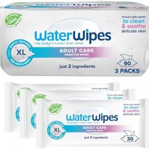 WaterWipes Lingettes Adultes Sensibles Corps & Parties Intime, 90 Lingettes (3 Paquets), Extra Grandes Texturées, 99,9% à Base d'Eau, Usage Quotidien