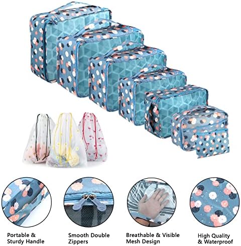 Sciphylia Organisateur Valise Lot de 10 Organisateur de Voyage de Rangement Imperméables Pochettes de Rangement pour Vêtements Chaussures Sous-vêtements Cosmétiques Sacs pour Femmes Hommes Fleur Bleue – Image 3