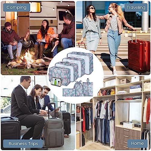 Sarsumir Organisateur Valise, 8 Pièces Pochette Rangement Valise Packing Cubes Organisateur de Voyage avec Sacs à Vêtements Imperméables Chaussures de Toilette, Flamant Bleu – Image 7