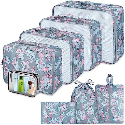 Sarsumir Organisateur Valise, 8 Pièces Pochette Rangement Valise Packing Cubes Organisateur de Voyage avec Sacs à Vêtements Imperméables Chaussures de Toilette, Flamant Bleu